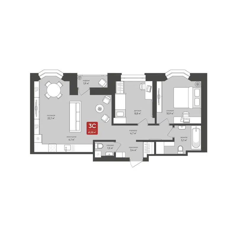 3-комнатная квартира 61.55 м² Промышленная 7