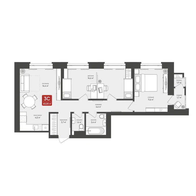 3-комнатная квартира 63.05 м² Промышленная 7
