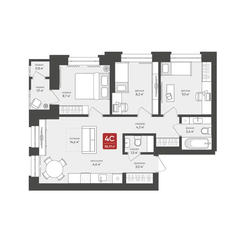 4-комнатная квартира 58.79 м² Промышленная 7