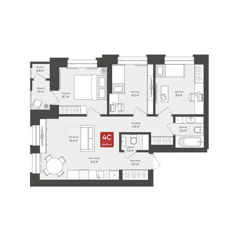 4-комнатная квартира 58.99 м² Промышленная 7