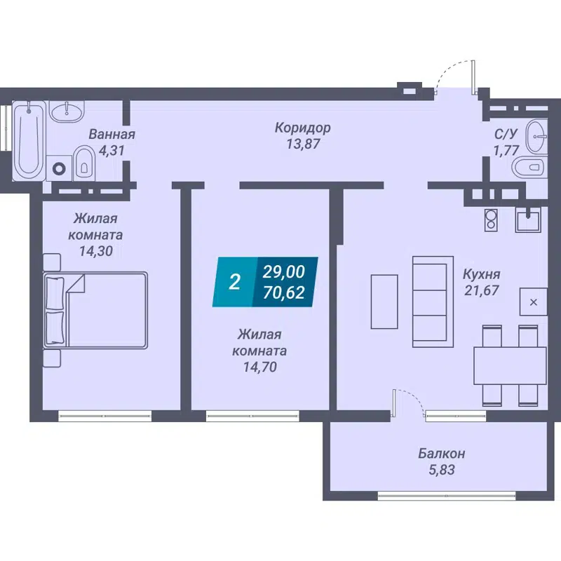 2-комнатная квартира 70.62 м² Звезда