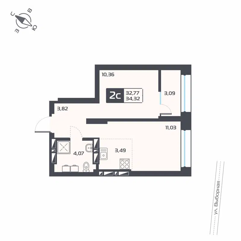 2-комнатная квартира 34.32 м² Астон Геометрия