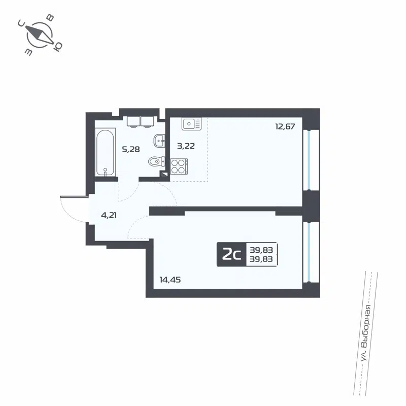 2-комнатная квартира 39.83 м² Астон Геометрия