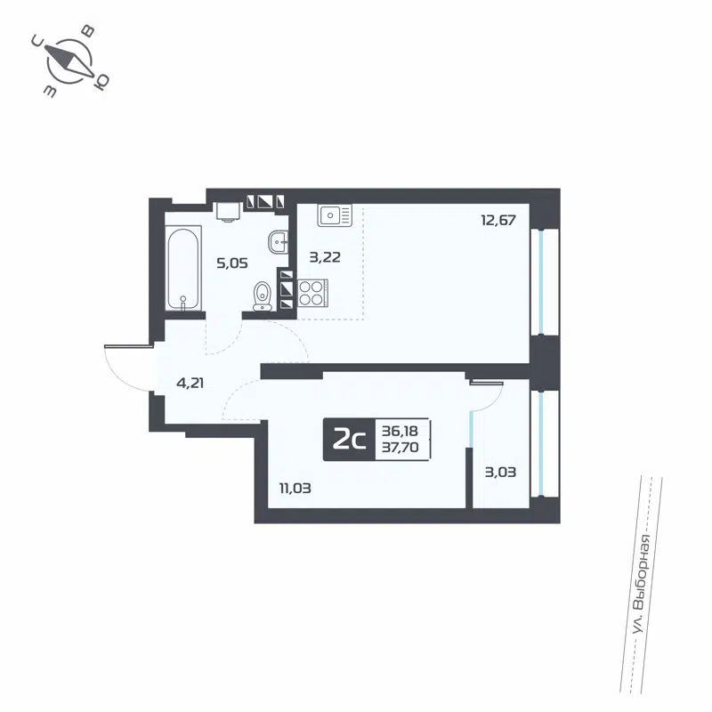 2-комнатная квартира 37.7 м² Астон Геометрия