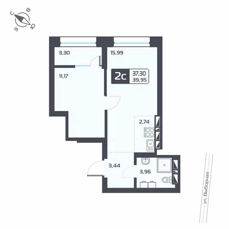 2-комнатная квартира 38.95 м² Астон Геометрия