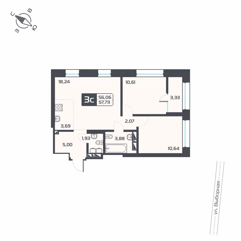 3-комнатная квартира 57.73 м² Астон Геометрия