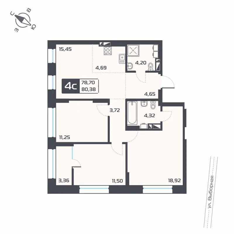 4-комнатная квартира 80.38 м² Астон Геометрия