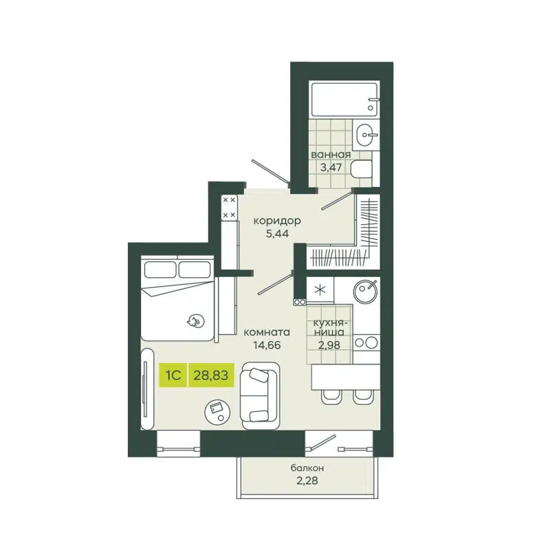Студия 28.83 м² Белкин