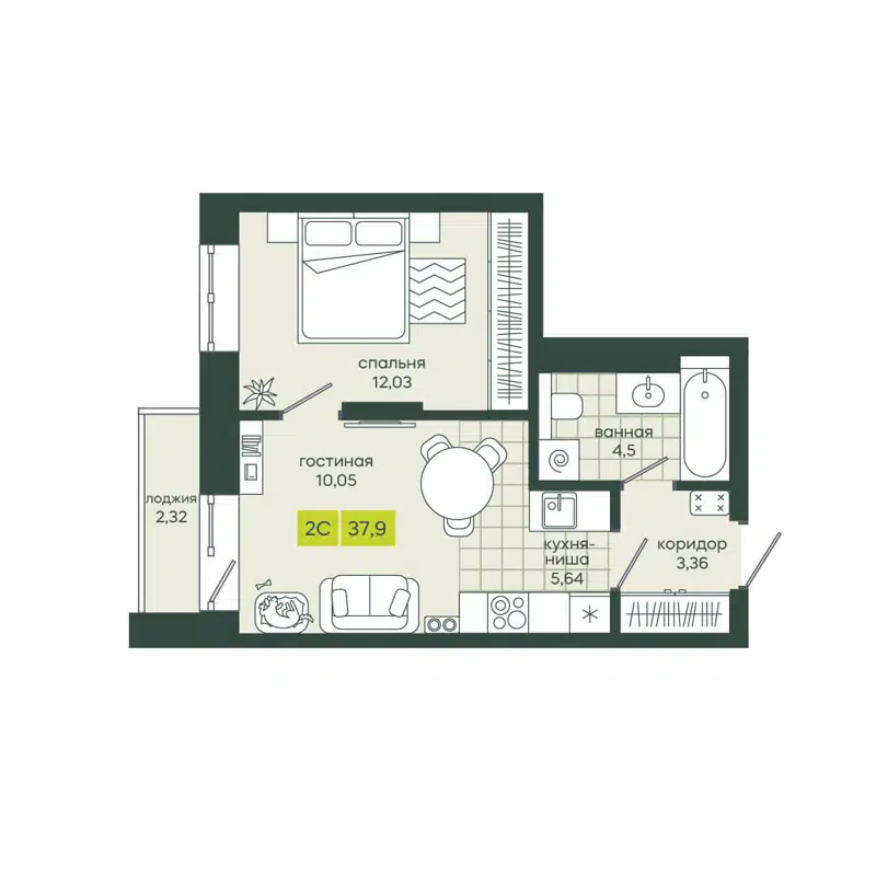 2-комнатная квартира 37.9 м² Белкин