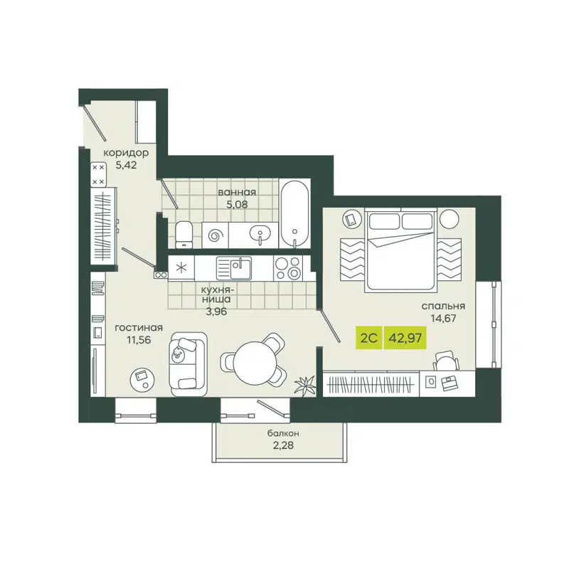 2-комнатная квартира 42.97 м² Белкин