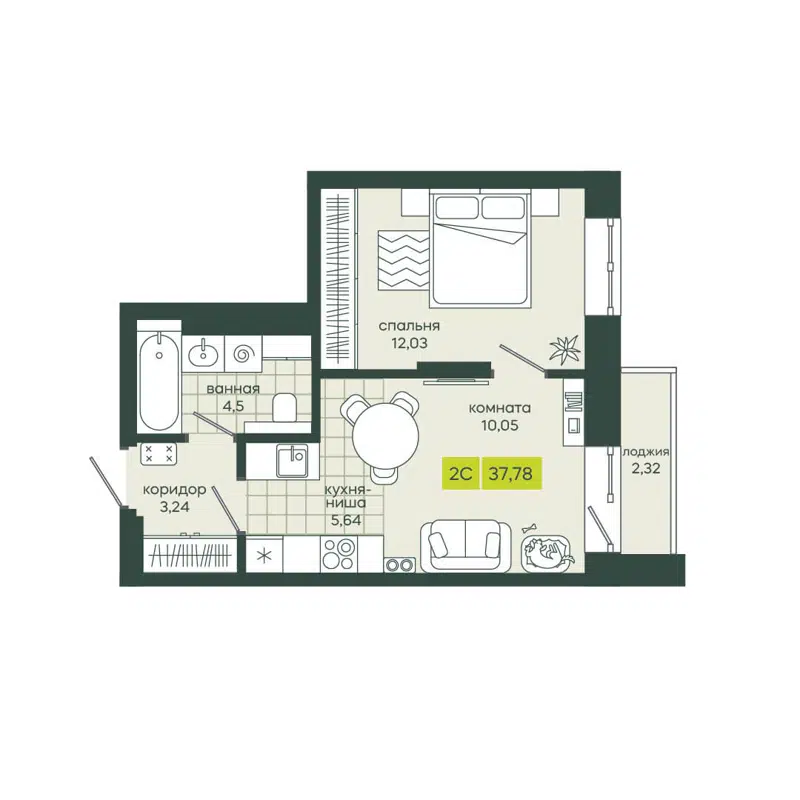 2-комнатная квартира 37.78 м² Белкин