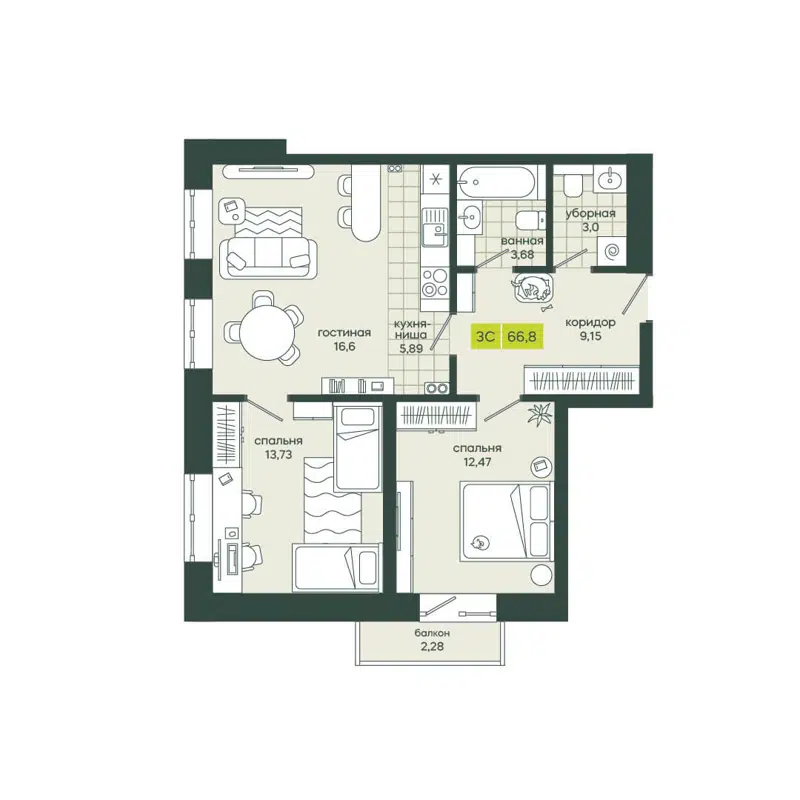 3-комнатная квартира 66.8 м² Белкин