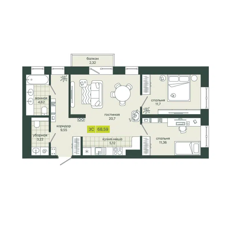 3-комнатная квартира 68.59 м² Белкин