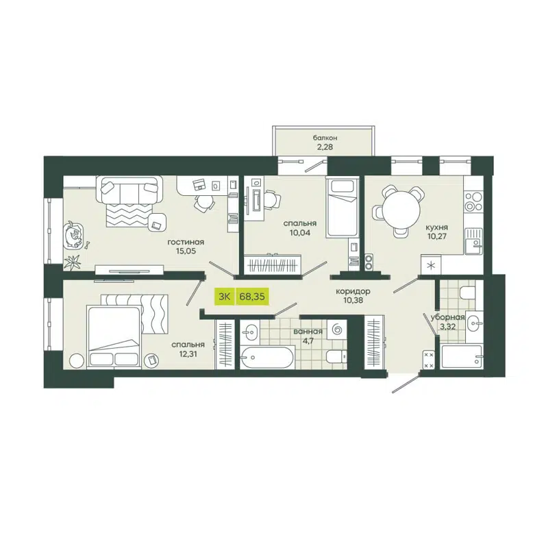 3-комнатная квартира 68.35 м² Белкин