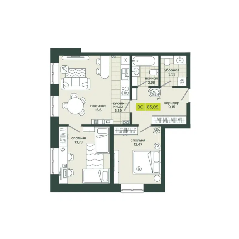 3-комнатная квартира 65.05 м² Белкин