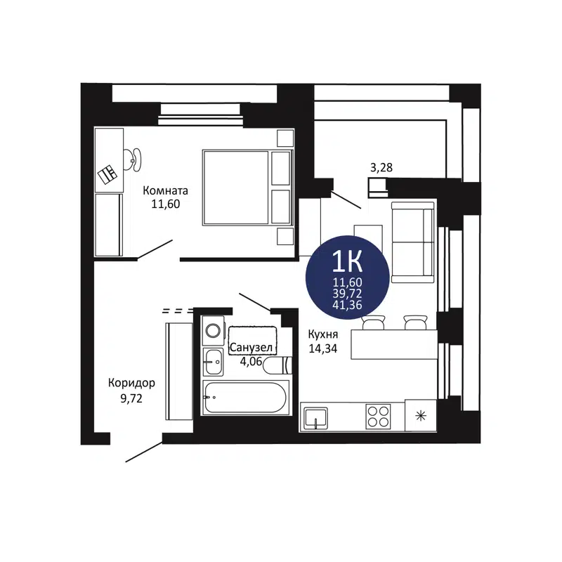 1-комнатная квартира 41.36 м² Первый на Рябиновой