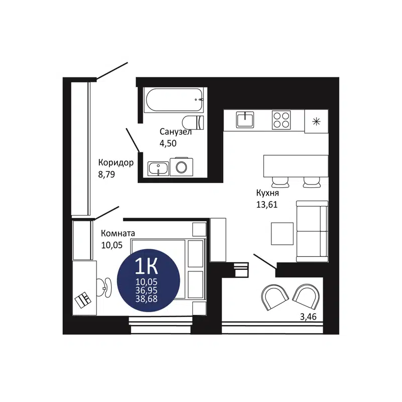 1-комнатная квартира 38.68 м² Первый на Рябиновой