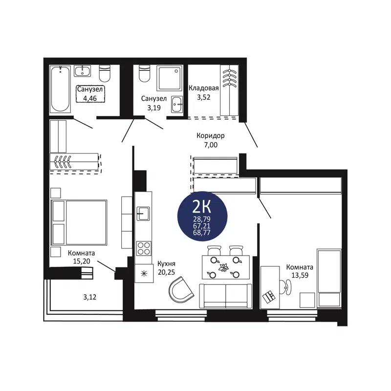 2-комнатная квартира 68.77 м² Первый на Рябиновой