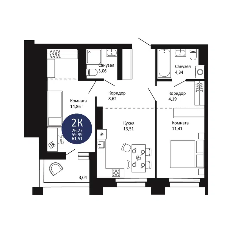 2-комнатная квартира 61.51 м² Первый на Рябиновой