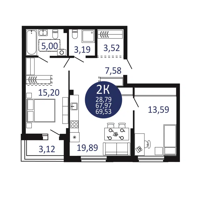 2-комнатная квартира 69.53 м² Первый на Рябиновой