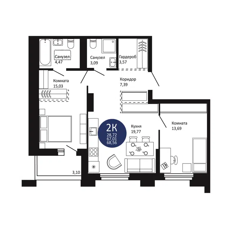2-комнатная квартира 68.56 м² Первый на Рябиновой