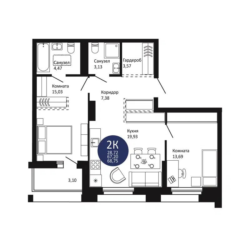 2-комнатная квартира 68.75 м² Первый на Рябиновой