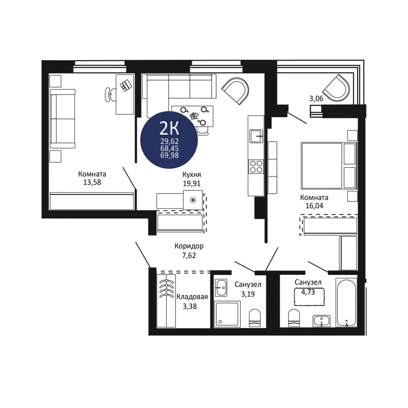 2-комнатная квартира 69.98 м² Первый на Рябиновой