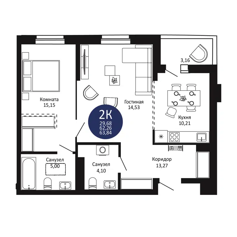 2-комнатная квартира 63.84 м² Первый на Рябиновой