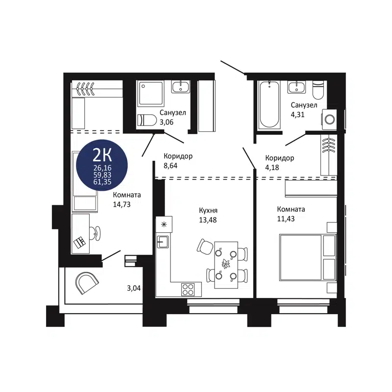 2-комнатная квартира 61.35 м² Первый на Рябиновой
