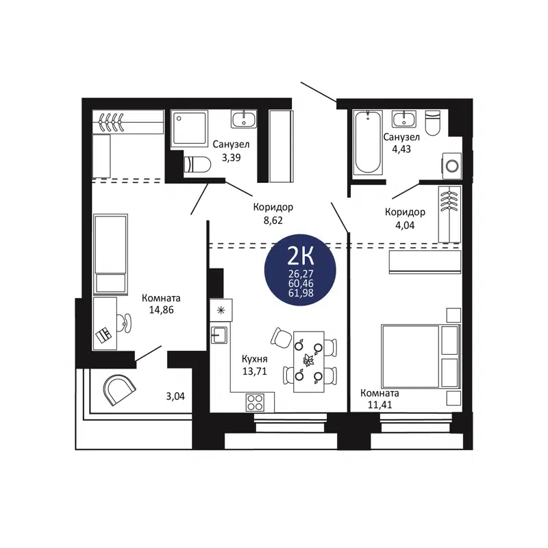 2-комнатная квартира 61.98 м² Первый на Рябиновой