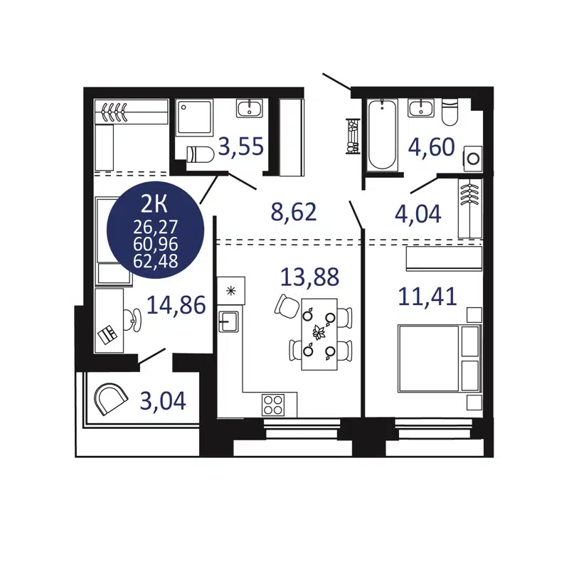 2-комнатная квартира 62.48 м² Первый на Рябиновой