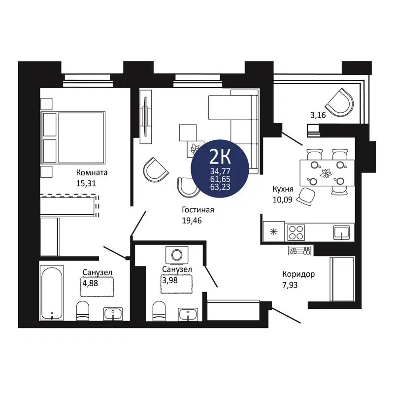 2-комнатная квартира 63.23 м² Первый на Рябиновой