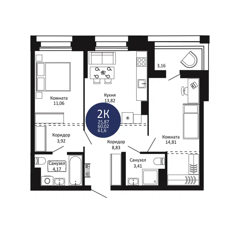 2-комнатная квартира 61.6 м² Первый на Рябиновой