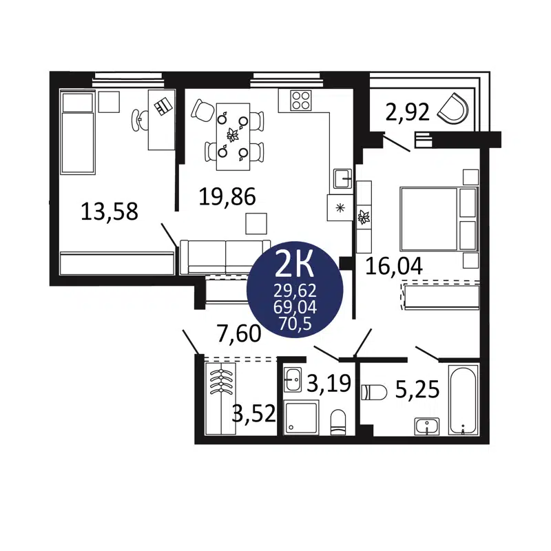2-комнатная квартира 70.5 м² Первый на Рябиновой