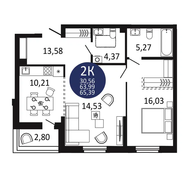2-комнатная квартира 65.39 м² Первый на Рябиновой