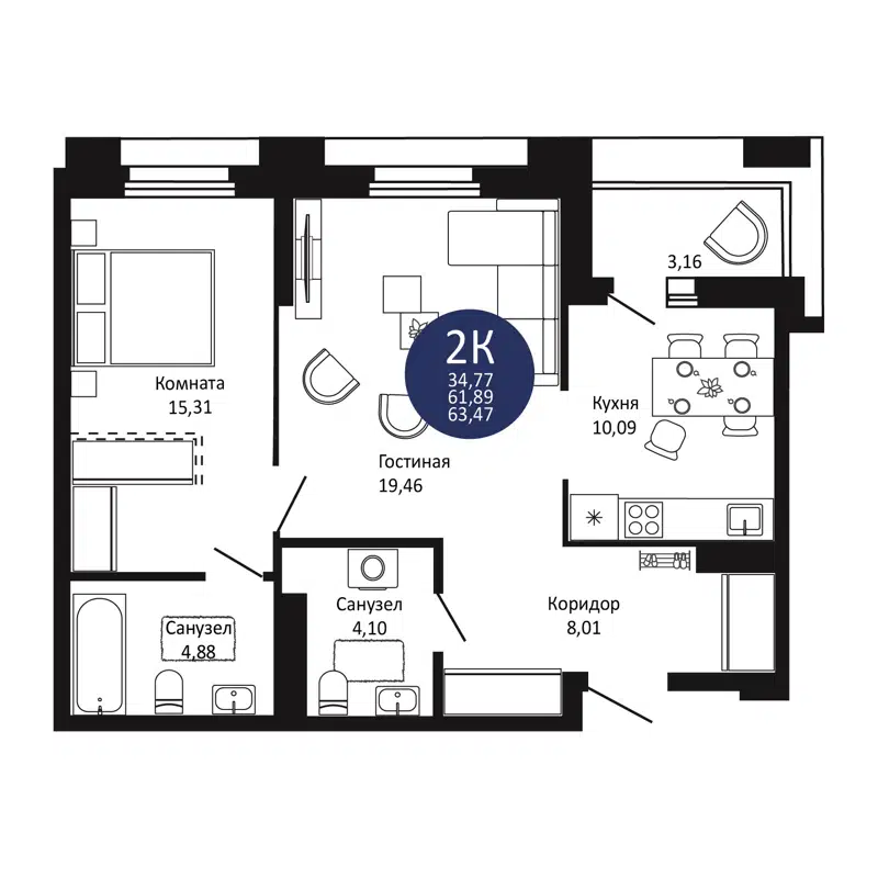 2-комнатная квартира 63.47 м² Первый на Рябиновой