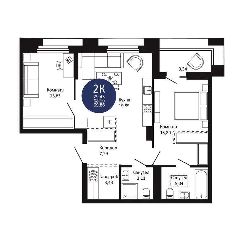 2-комнатная квартира 69.86 м² Первый на Рябиновой