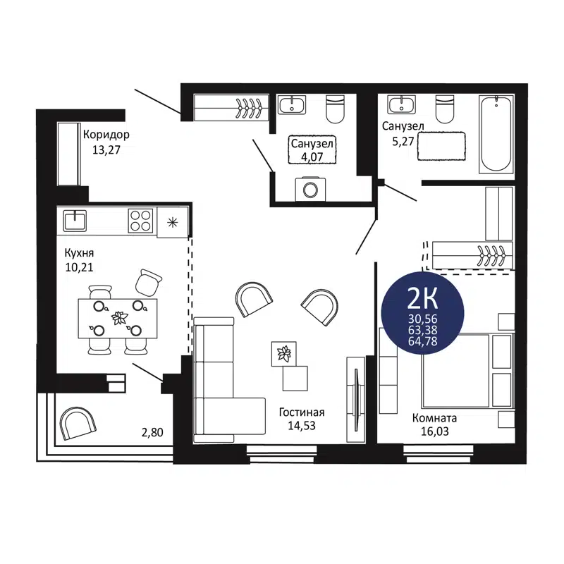 2-комнатная квартира 64.78 м² Первый на Рябиновой