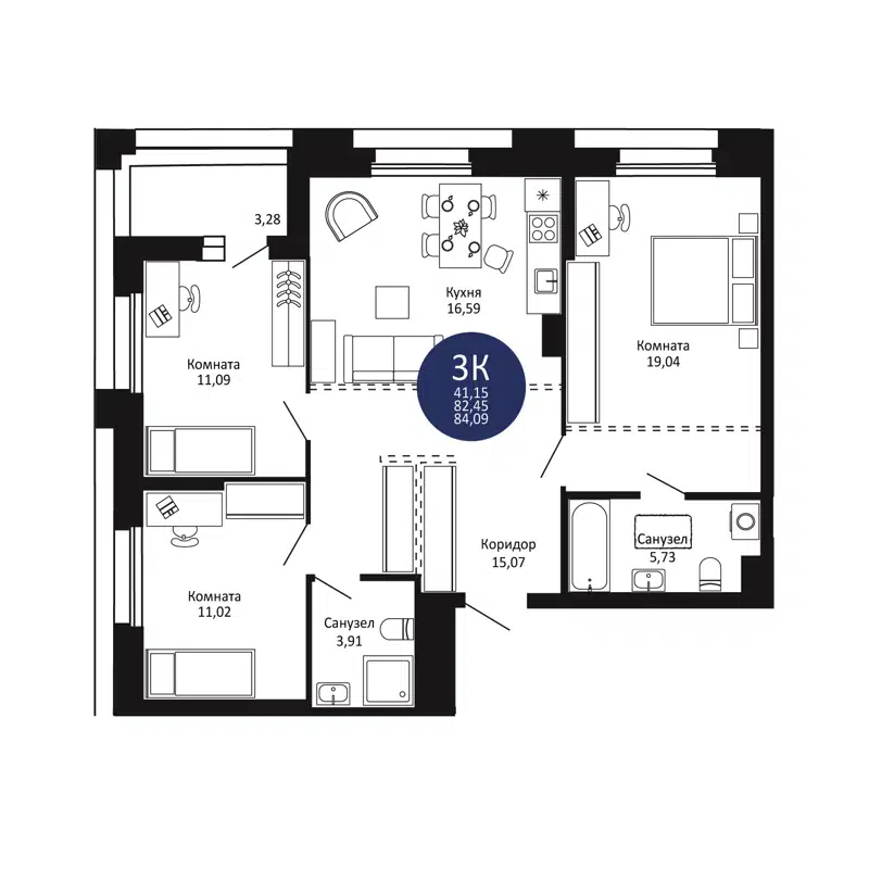 3-комнатная квартира 84.09 м² Первый на Рябиновой