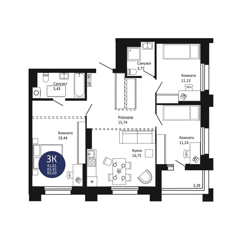 3-комнатная квартира 85.09 м² Первый на Рябиновой