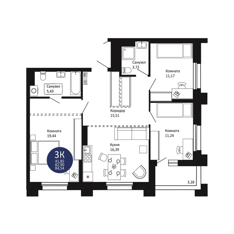 3-комнатная квартира 84.54 м² Первый на Рябиновой