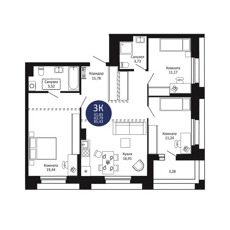 3-комнатная квартира 85.43 м² Первый на Рябиновой