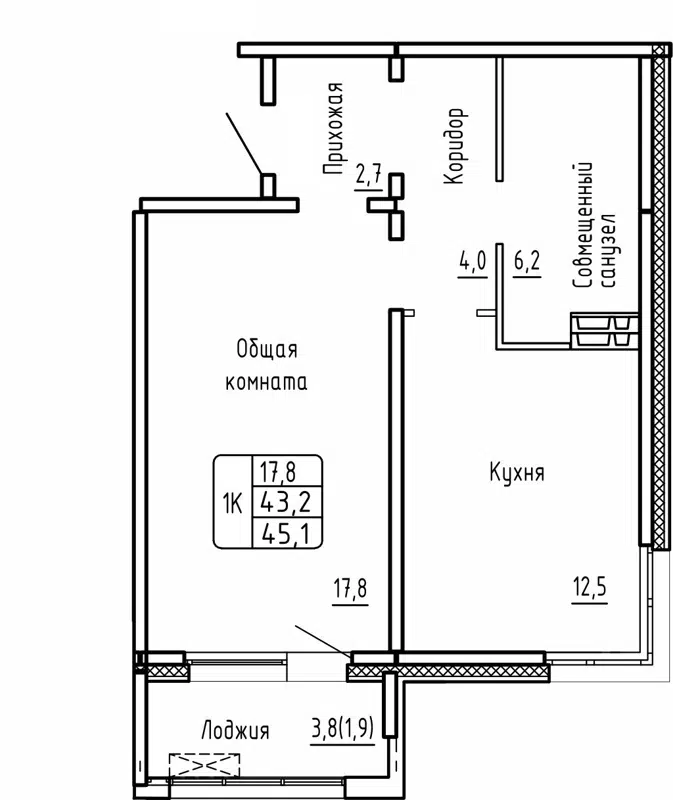 1-комнатная квартира 45.1 м² Самоцветы