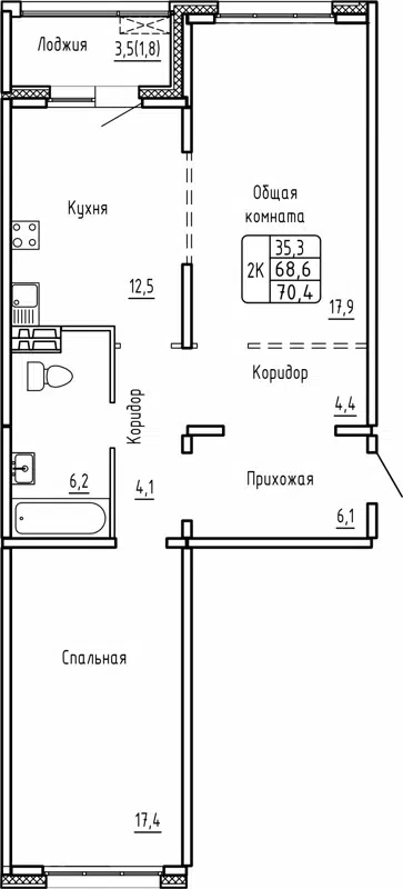 2-комнатная квартира 70.4 м² Самоцветы