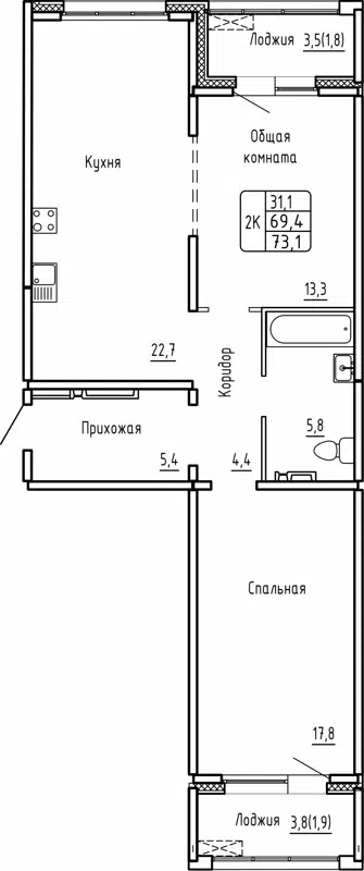 2-комнатная квартира 73.1 м² Самоцветы