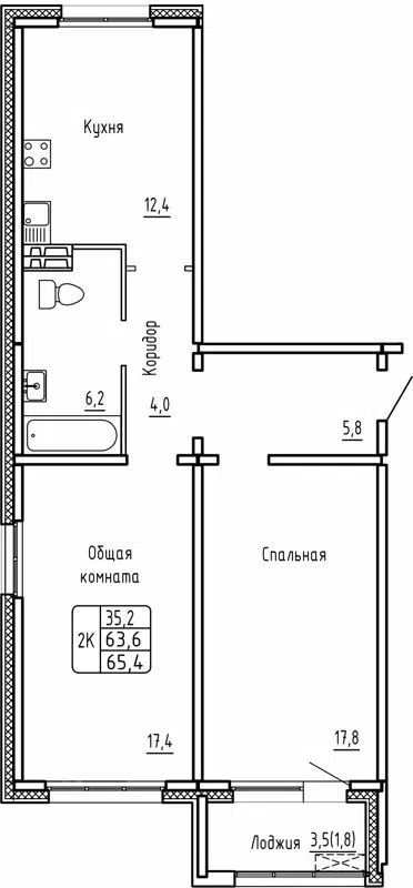 2-комнатная квартира 65.4 м² Самоцветы
