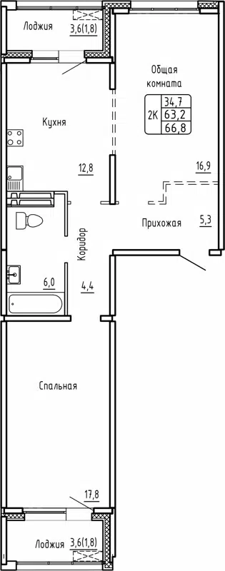 2-комнатная квартира 66.8 м² Самоцветы