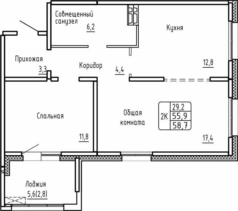 2-комнатная квартира 58.7 м² Самоцветы