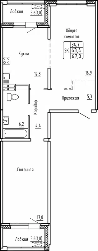 2-комнатная квартира 67 м² Самоцветы