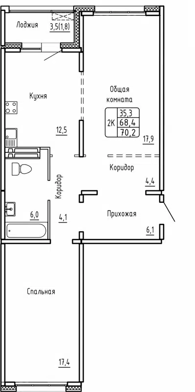 2-комнатная квартира 70.2 м² Самоцветы